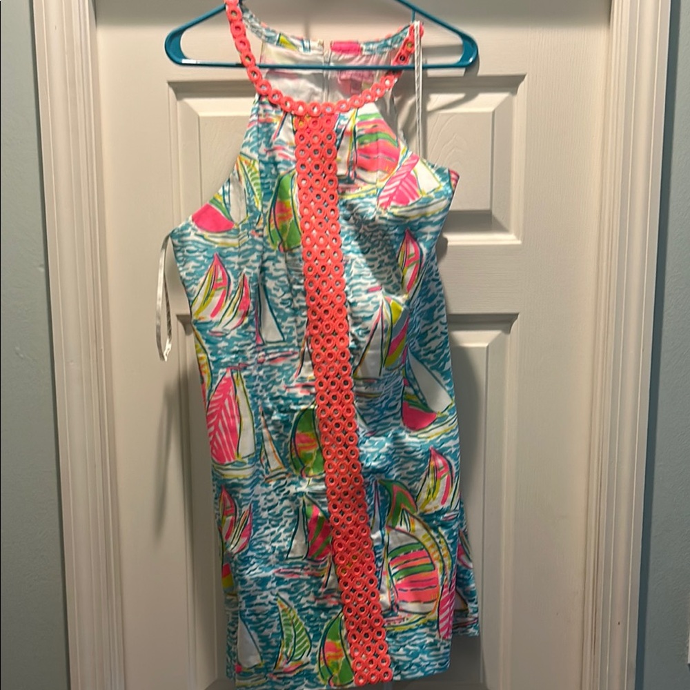 Lilly Pulitzer Sailboat Pattern Multicolor Dress with Coral Accents
